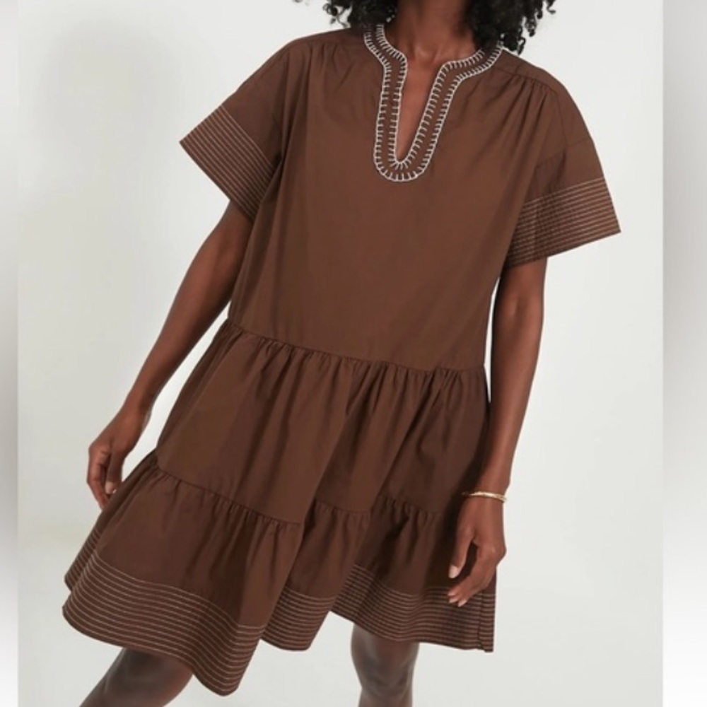 POMANDER place TUCKERNUCK Kinsley‎ Mocha Tiered Whipstitch V-Neck Mini Dress S